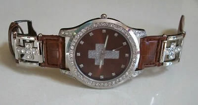 Мужские блестящий серебряный и коричневый кожаный ремешок моды религиозный крест повседневные часы - Изображение 1 из 4