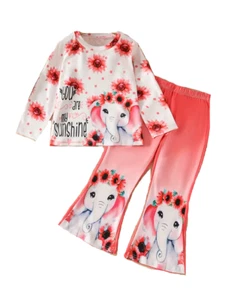 New Boutique Girls Size 5 Long Sleeve Flowers Elephant Bell Pants Set Outfit - Picture 1 of 2