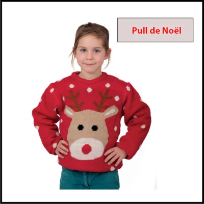 PULL de NOEL ENFANT Laine motif Tête de Renne,  unisex tailles au choix - Photo 1/2
