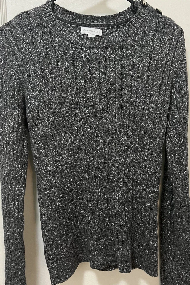 Charter Club Womens Dark Gray Silver Metallic Cable Crew Sweater Sz Large - Image 1 of 4