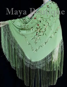 Silk Embroidered Flamenco Piano Shawl Wrap Mint Green Hand Dyed Maya Matazaro - Picture 1 of 10