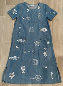 M Mac "Rock Fish" Faux Denim Full Length Blue/White Dress Cover Charge Made USA - Picture 1 of 14