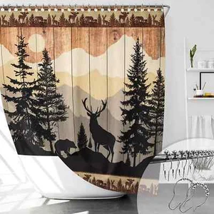 Rustic Bear Deer Shower Curtain Set Forest Woodland Cabin Shower Curtains for Ba - Picture 1 of 7