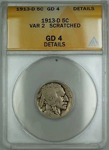 1913-D Type 2 Buffalo Nickel 5c Coin ANACS G-4 Details Scratched - Picture 1 of 2