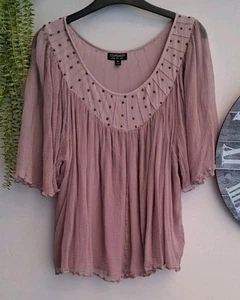 Top Shop floaty Crinkle Lined blouse 10 Stud Bodice Short Bell Slvs Lilac Ch 40" - Picture 1 of 6
