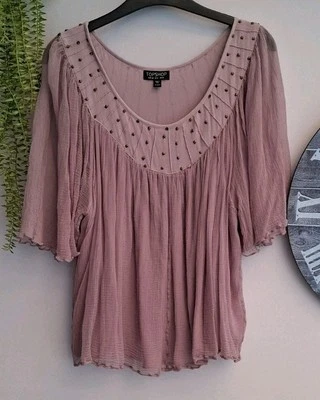 Top Shop floaty Crinkle Lined blouse 10 Stud Bodice Short Bell Slvs Lilac Ch 40" - Image 1 of 4