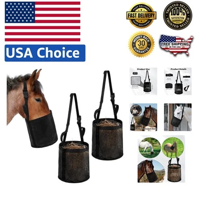 Bolsa de alimentación duradera para caballos de 2 piezas - Nylon negro ajustable con fondo impermeable Foto 1 de 4