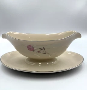 Edgerton "First Love" Pink Rose Gravy Boat with Attached Under Plate Vintage - Picture 1 of 8