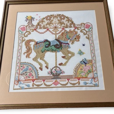 3x Tapiz Vintage Punto de Cruz Enmarcado Guardería Cuadros Feria Caballo 50x50cm Foto 1 de 4