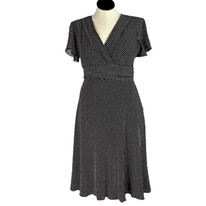 Coldwater Creek Dress Women 14 Black White Slik Polka Dot Pleated V Neck Flutter - Picture 1 of 7