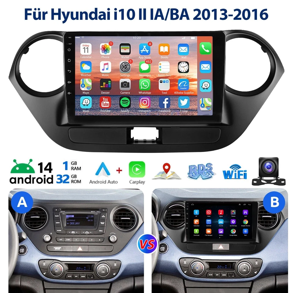 Android 14 Autoradio CarPlay für Hyundai i10 II BA IA 2013-2016 GPS Navi Kamera+ - Bild 1 von 4