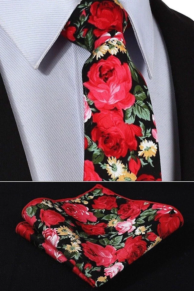 Red Rose  Cotton 7CM Slim Skinny Tie Free Pocket Square UK 09 - Image 1 of 1