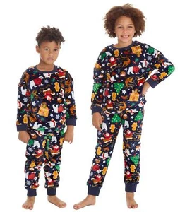 Kids Fleece Christmas Pajamas Boys Girls Festive Print Warm Cosy Xmas Pajama Set - Picture 1 of 7