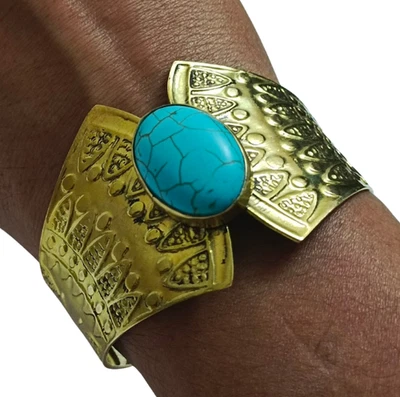 Brazalete de latón boho hecho a mano piedra turquesa estilo vintage joyería regalo Foto 1 de 4