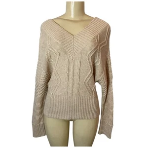 Minkpink Revolve Chunky Cable Knit V-Neck Pullover Sweater Tan Size Small - Picture 1 of 5