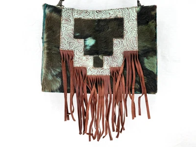 American Darling Bag Womens Green Brown Cowhide Leather Fringe Open Top Handbag - Image 1 of 4