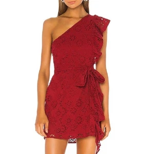 Revolve Lovers & Friends Seana Mini Dress One Shoulder Eyelet Red Ruffles XS NWT - Picture 1 of 13