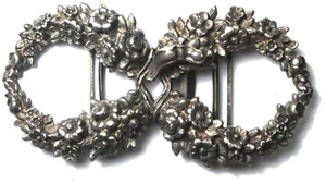 Vintage Sterling Repousse Flower Wreath #365 Nurses Belt Buckle 3-3/8" x 42mm - Picture 1 of 6