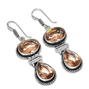 Peach Morganite Gemstone Handmade 925 Sterling silver Jewelry Earring Size 2'' - Picture 1 of 1