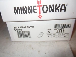 Minnetonka Infant Size 5 Brown Leather Back Strap Bootie Moccasins Suede Fringe - Picture 1 of 4