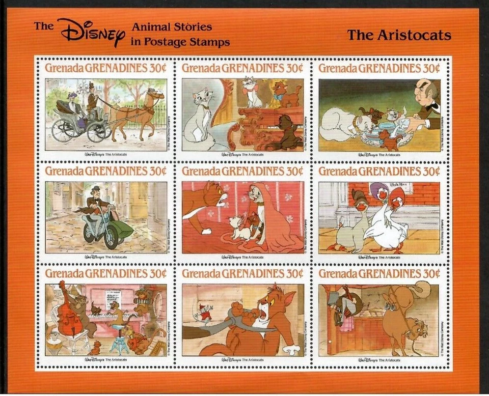 Grenadines 1988 - Disney - The Aristocats - Sheet of 9 Stamps - Scott #991 - MNH - Image 1 of 1