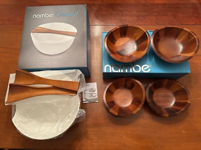 $187 NAMBE BRAID 4 SALAD bowls QATRO SALAD white BOWL w/ SERVERS New in Box - Image 1 of 4