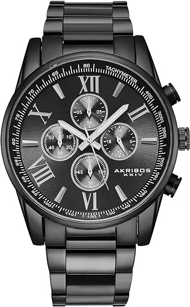 Men's Akribos XXIV AK940BK Two Time Zone Black Dodecagonal Steel Bracelet Watch