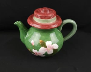 Teapot Handpainted Flowers Pink Bonnet Hat Lid WLC Green Ceramic #F3 - Picture 1 of 7