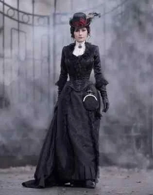 Black Victorian Bustle Wedding Dresses 3/4 Sleeve Pleated Satin Lace Bridal Gown - Image 1 of 4
