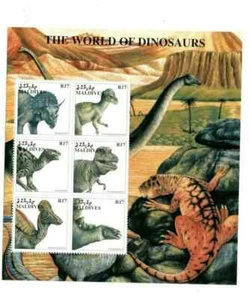 VINTAGE MALDIVES 1997, Dinosaurs Souvenir Stamp Sheet Of 6 Stamps Scott #227 MNH - Picture 1 of 1