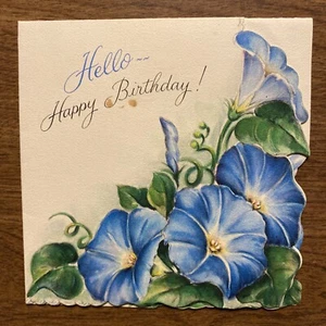 Tarjeta de felicitación de feliz cumpleaños vintage de los años 1949-50 troquelada flores azules P3B - Imagen 1 de 19
