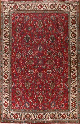 Alfombra grande tradicional vintage roja/marfil anudada a mano Tebriz 10x13 Foto 1 de 4