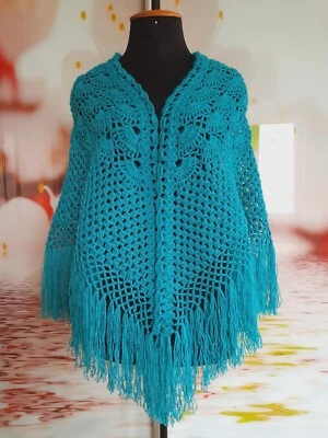 Chal triangular grande envoltura lana angora crochet vintage capa punto turquesa Foto 1 de 4