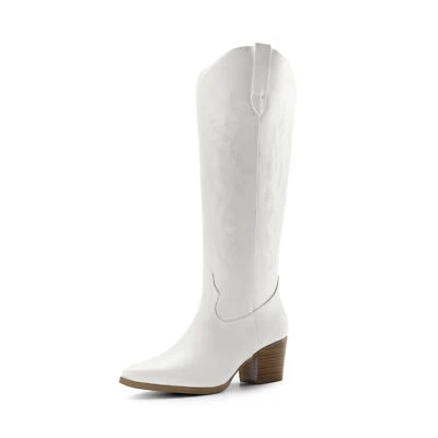 Women Cowboy Boots Low Block Heel Pointed Toe Zip Up Western Knee High Boots - Image 1 of 4