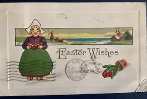 Postcard Easter Wishes Embossed 1915 Cancel on front Rabbit Windmills Girl C108 - Bild 1 von 2