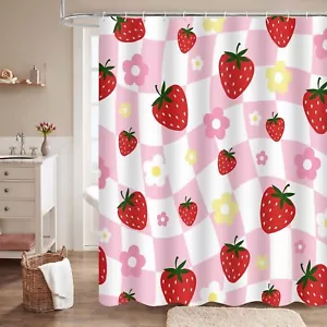 Strawberry Shower Curtain Cute Fruits Floral Girly Fabric Shower Curtains for... - Picture 1 of 7
