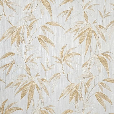 Marfil blanco roto jengibre oro imitación tela plantas florales hojas papel pintado texturizado Foto 1 de 4