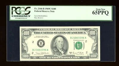 DBR 1969-C $100 FRN New York Gem Fr. 2166-B PCGS 65 PPQ Serial B23860096A - Image 1 of 2