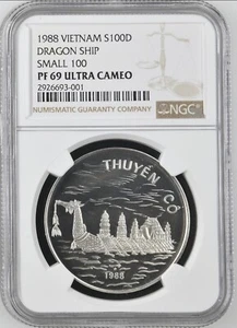 1988 Vietnam 100 Dong Silver World Coin ~ NGC PF 69 UC ~ Dragon Ship / Boat - Picture 1 of 5