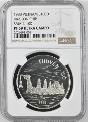 1988 Vietnam 100 Dong Silver World Coin ~ NGC PF 69 UC ~ Dragon Ship / Boat - Image 1 of 4