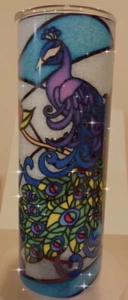 Bright and colorful peacock tumbler, In A Stained Glass Pattern. 20oz, Insulated - Picture 1 of 3