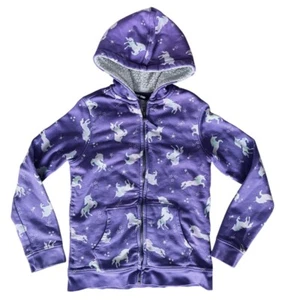Lands End Zip Up Fleece Lined ZipUp Hoodie Girls M 10-12 Purple Rainbow Unicorns - Picture 1 of 4