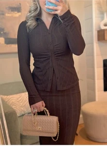 Womens 2 Piece Emma Brown Knit Bodycon Set Top & Pencil Midi Skirt L Sexy Career - Picture 1 of 11