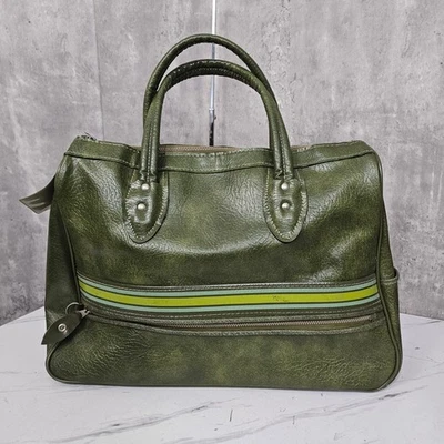 复古 60 年代绿色乙烯基周末旅行包 SERVAL Zip 条纹 Mod 复古托特包 — 第 1/4 张图片