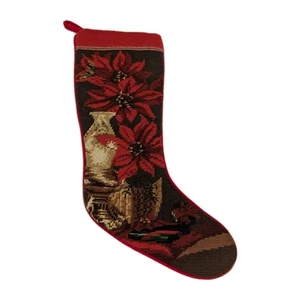 Medias de Navidad Lana Punta de Aguja Vintage Poinsettias Hecho a Mano Terciopelo 22" - Imagen 1 de 8