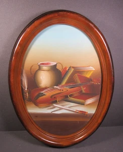 Original Art Painting Violin Still Life 11 x 8 Oval Wood-look Frame Unsigned - Picture 1 of 10
