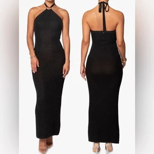 Maxi Vestido Negro Tejido Halter Extranjero JLUXLABEL NUEVO SIN ETIQUETAS - Imagen 1 de 8