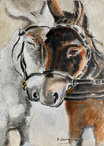 Two Donkeys David Laurence original Oil on Canvas Board 7 x 5 ins - Picture 1 of 4