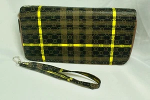 Ladies Wallet 2 zip closure divided sides, Plaid Pattern brown with yellow - Picture 1 of 5