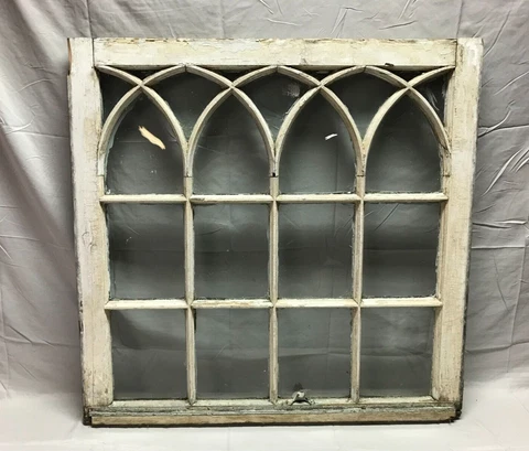 Antique Gothic Arched Glass Window Sash Shabby 34x35 Vintage Chic Old 568-23B Cover